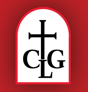 Catholic Lawyers Guild Logo - Red background with a white arch or portal - inside the portal are a black serifed cross with CLG arranged at bottom.